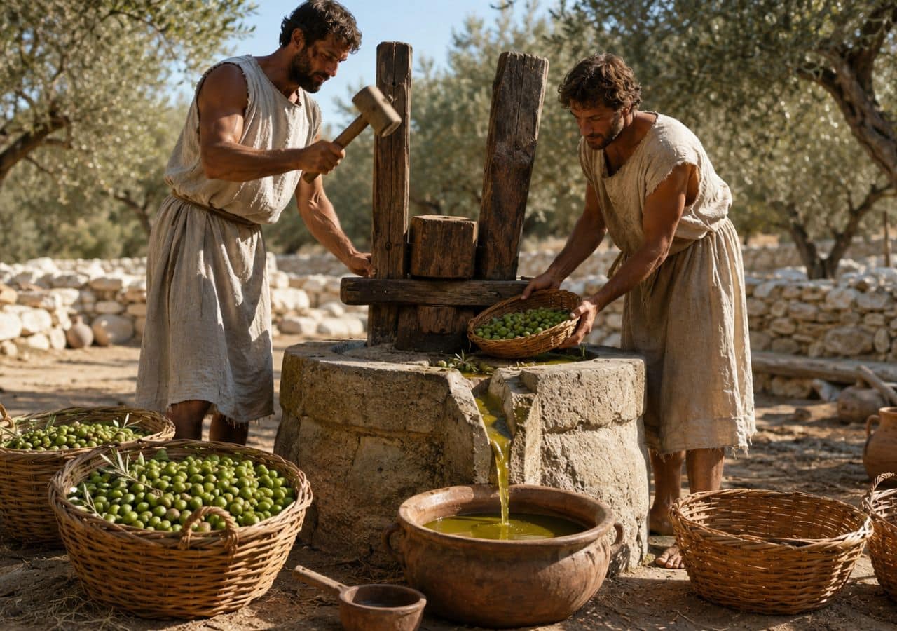 AI illustration of ancient Greek workers extracting olive oil using a traditional wedge press