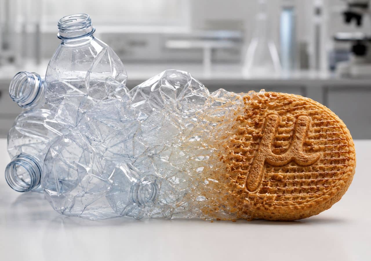 AI illustration of plastic bottles transforming into edible protein-rich cookies