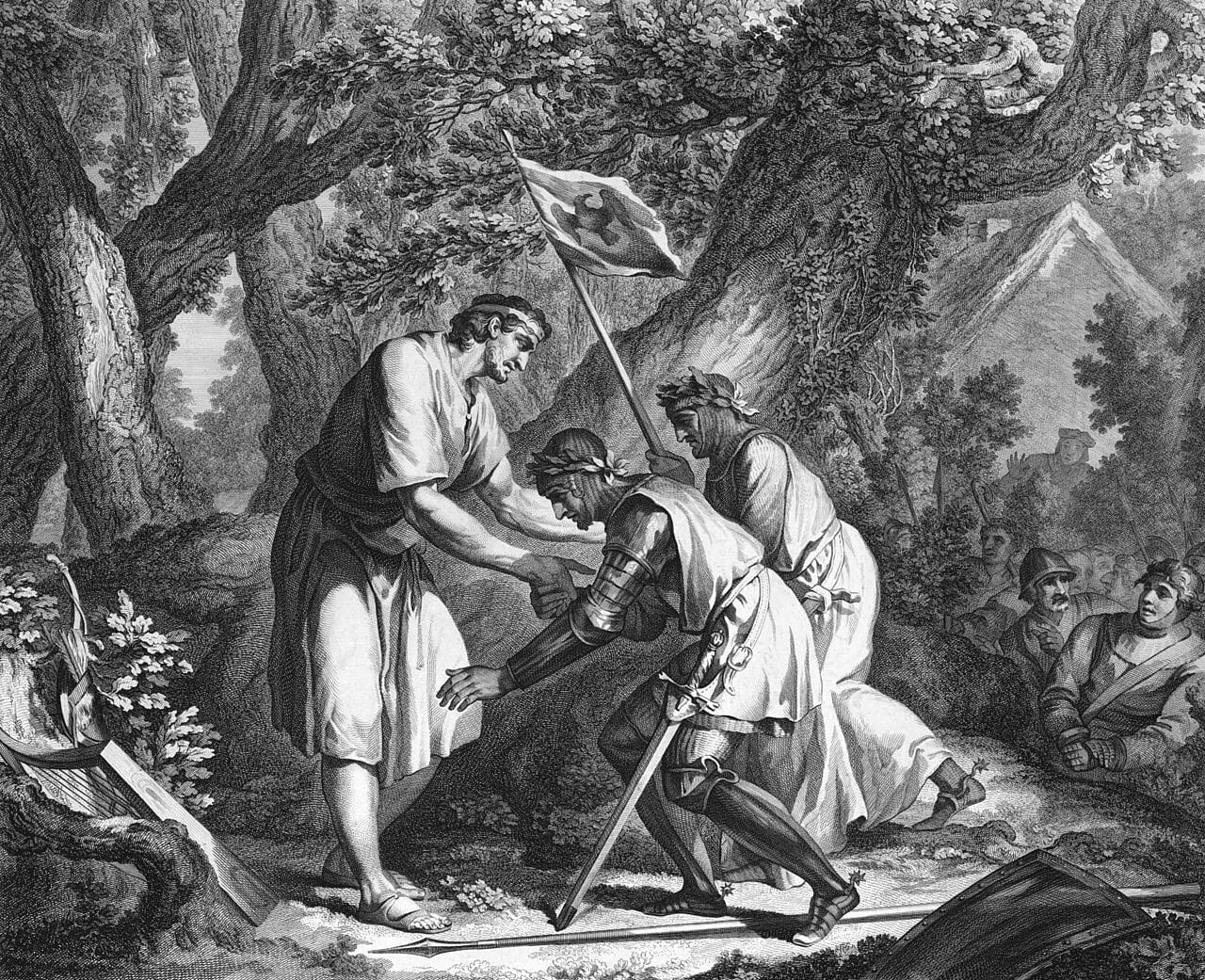 An 18th-century depiction of Alfred the Great receiving news of the Viking defeat at the Battle of Cynuit