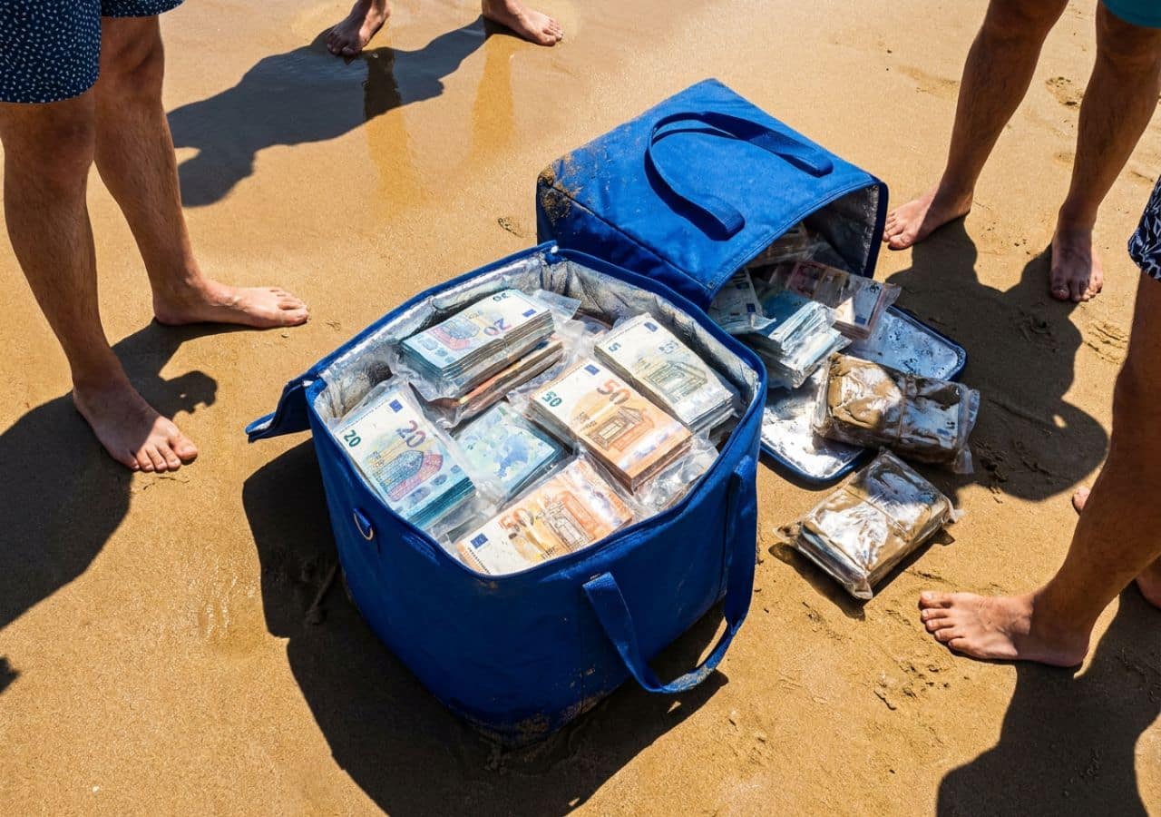 Bags full of cash on a beach