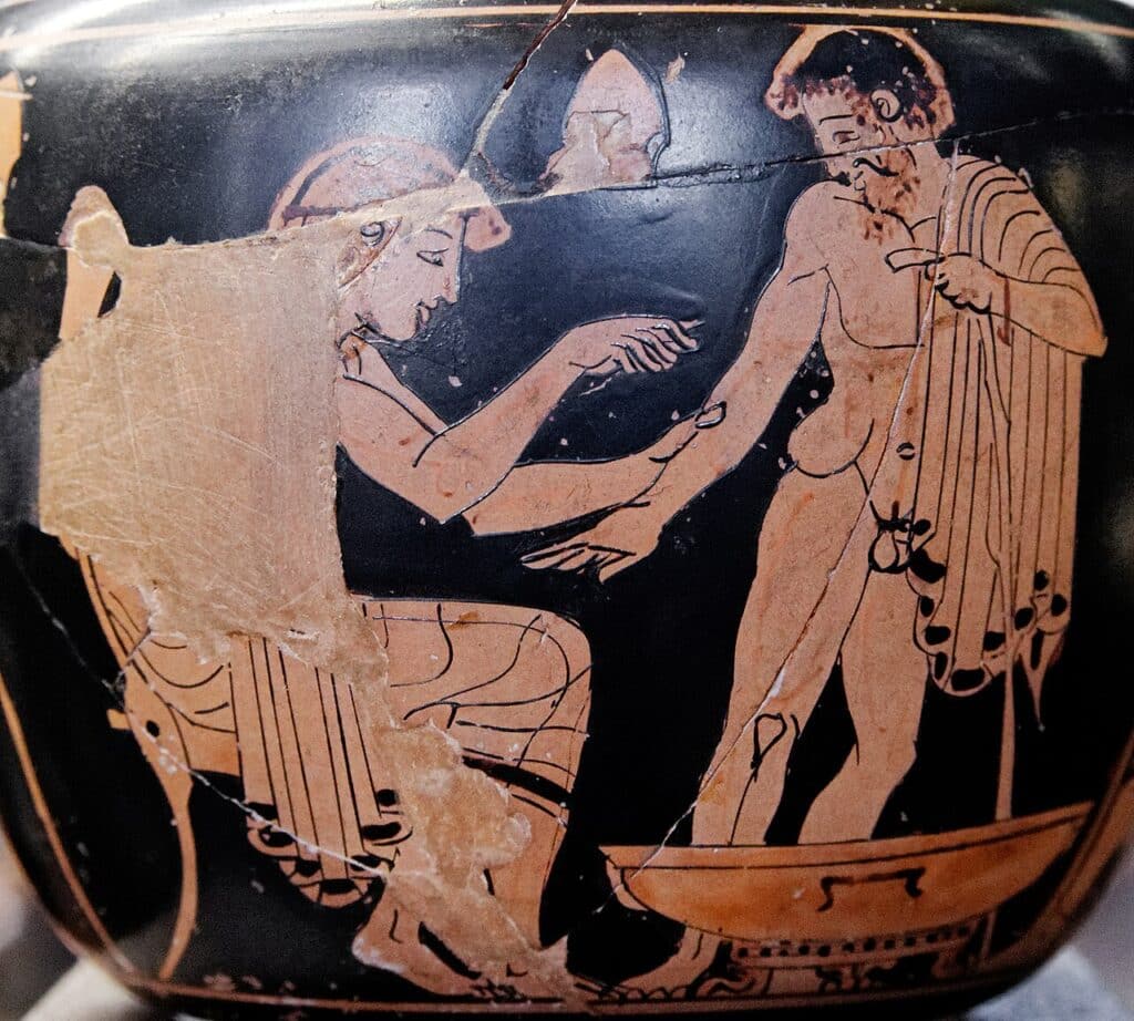 Photo of physician treating a patient on a red-figure Attic aryballos. How did the ancient Greeks take care of their teeth?