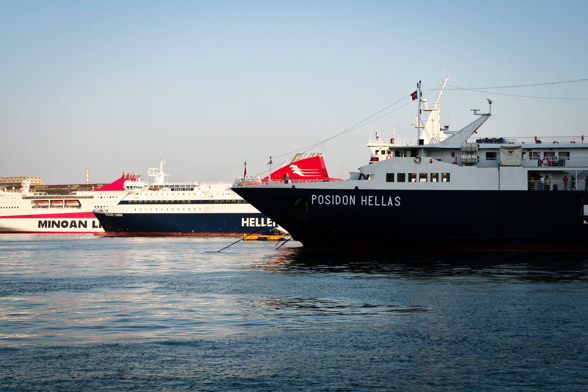 Passenger ferries docked at the Port of Piraeus in Greece.