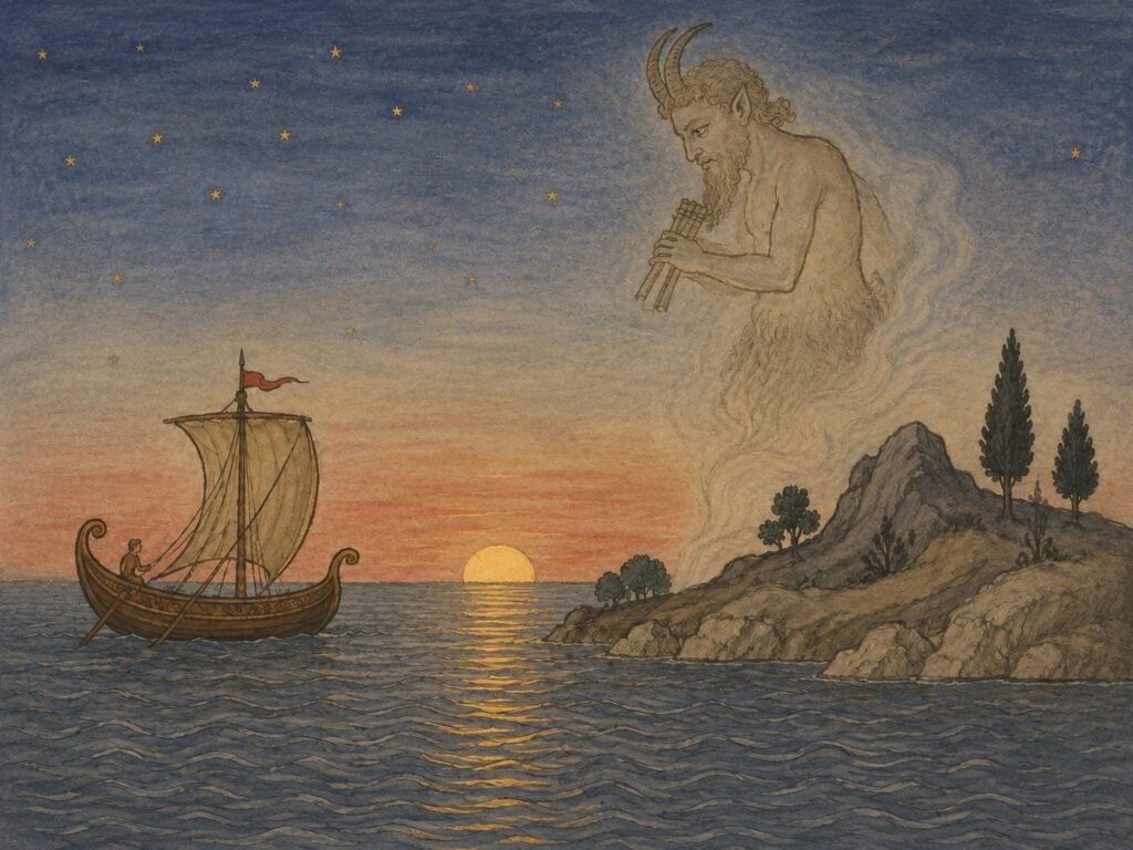 A mythological painting depicts a large, horned god Pan playing panpipes in the sky above a rocky coast while a small sailboat navigates the sea at sunset.