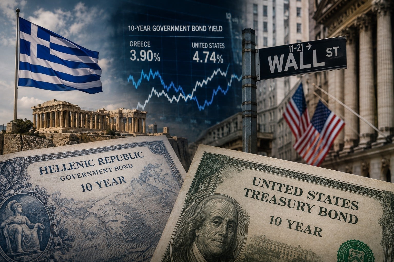 Image of the Greek flag and the Parthenon in the background along with bond yield image, Wall Street sign, and Treasury images from Greece and the US. Greece early debt repayment.