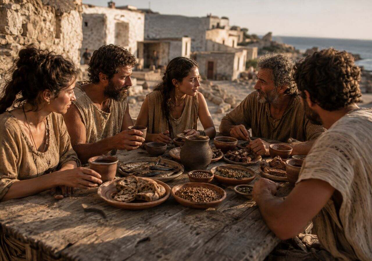 Illustration of ancient Aegean people sharing a meal, representing the region's diet