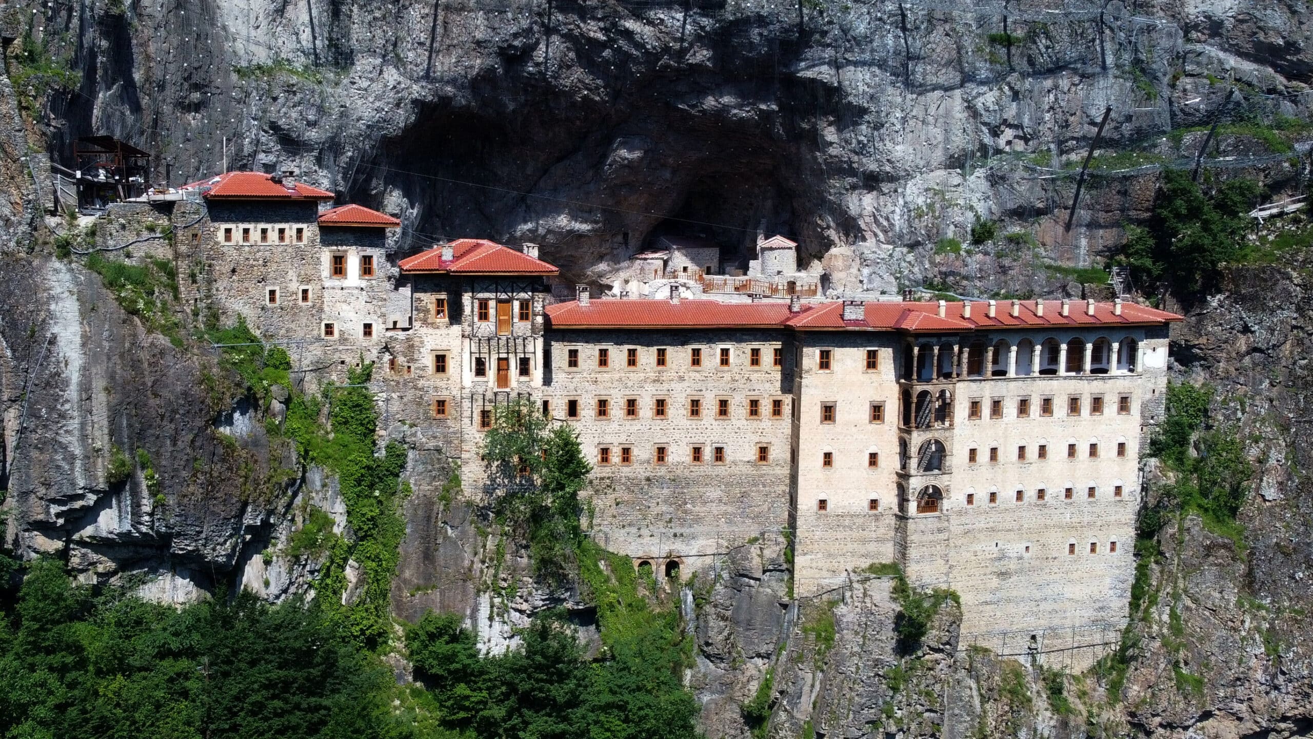 Panagia Soumela Monastery built into a steep cliff in Trabzon, Turkey.