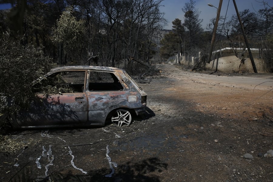 Burned-out car beside a fire-damaged road and scorched trees near Porto Germeno, Greece.