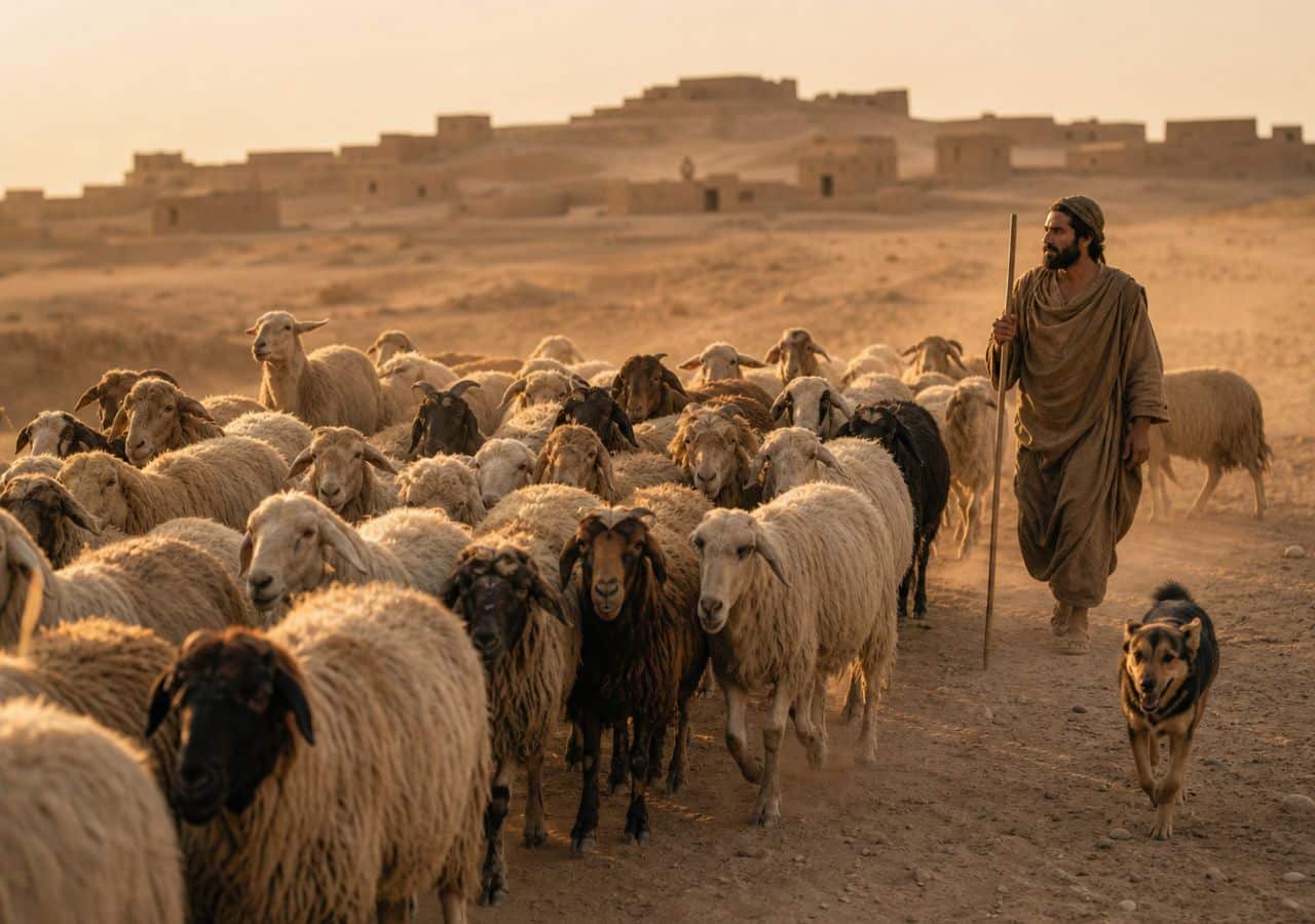 AI illustration of a shepherd guiding a mixed flock of sheep and goats past an ancient Mesopotamian settlement
