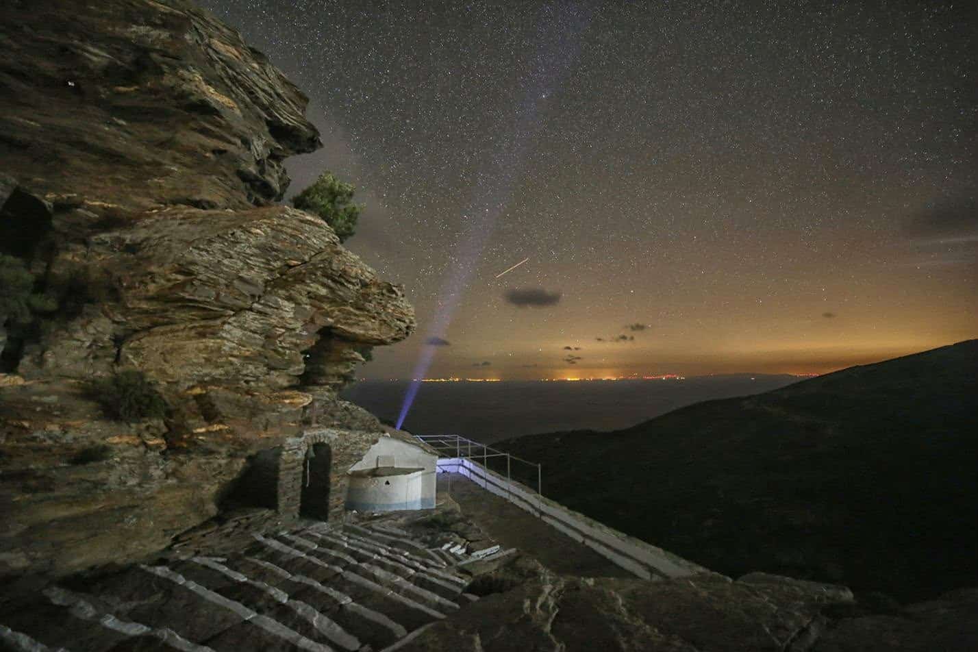 The Agia Sofia chapel in Monokambi, Ikaria, set into the island’s rocky landscape at night