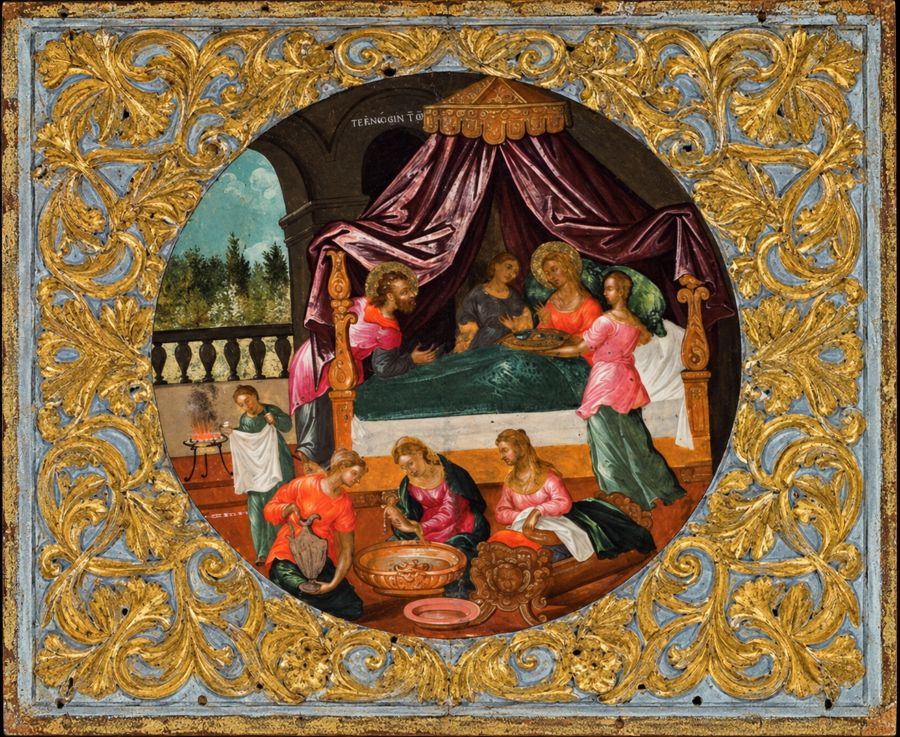 The Nativity of the Virgin Mary, depicted by Cretan painter Elias Moskos in 1666. The work is housed at the Byzantine and Christian Museum in Athens.