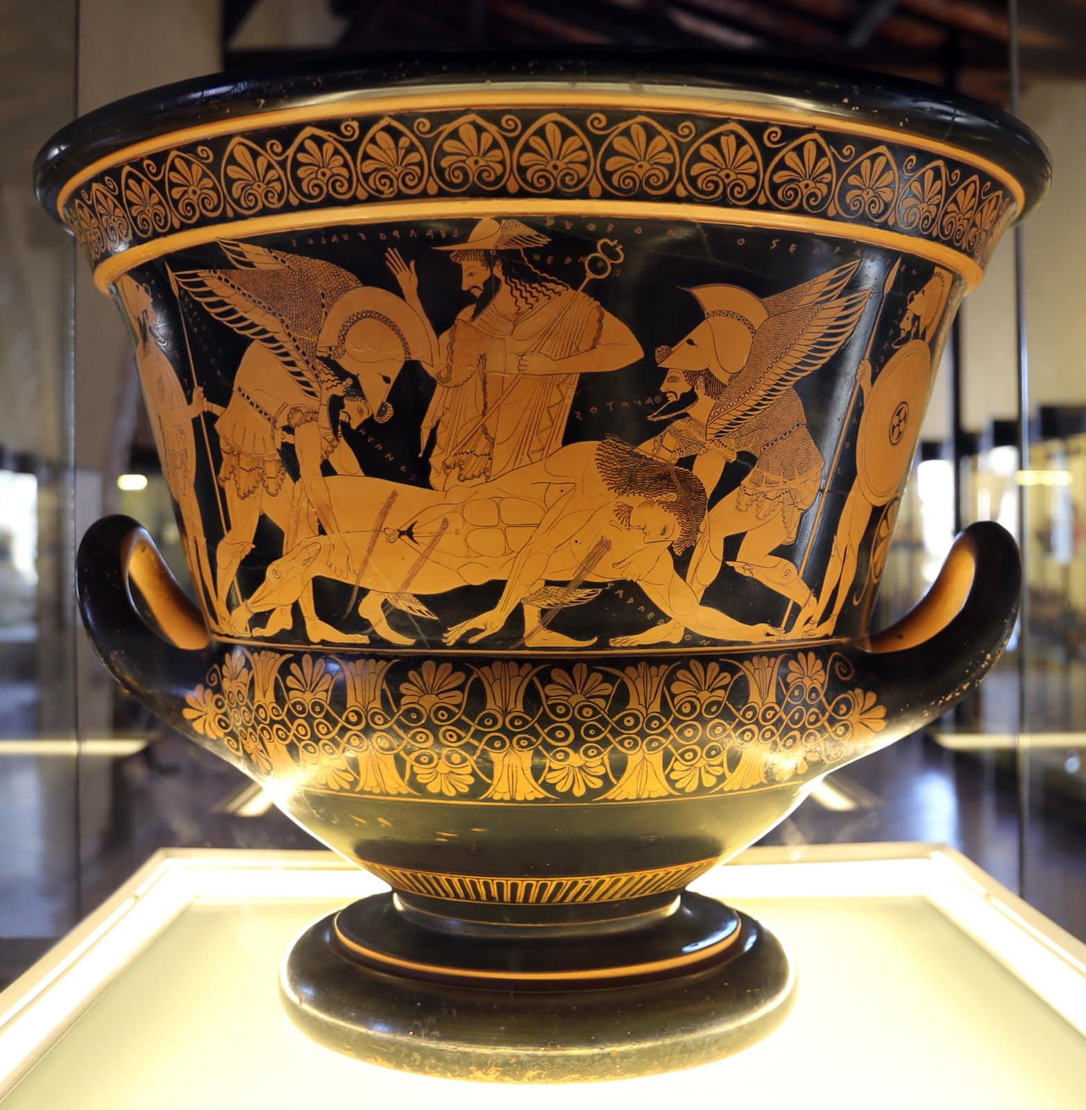 Euphronios Krater made by Euxitheos depicting the death of Sarpedon, c. 520–510 BC,