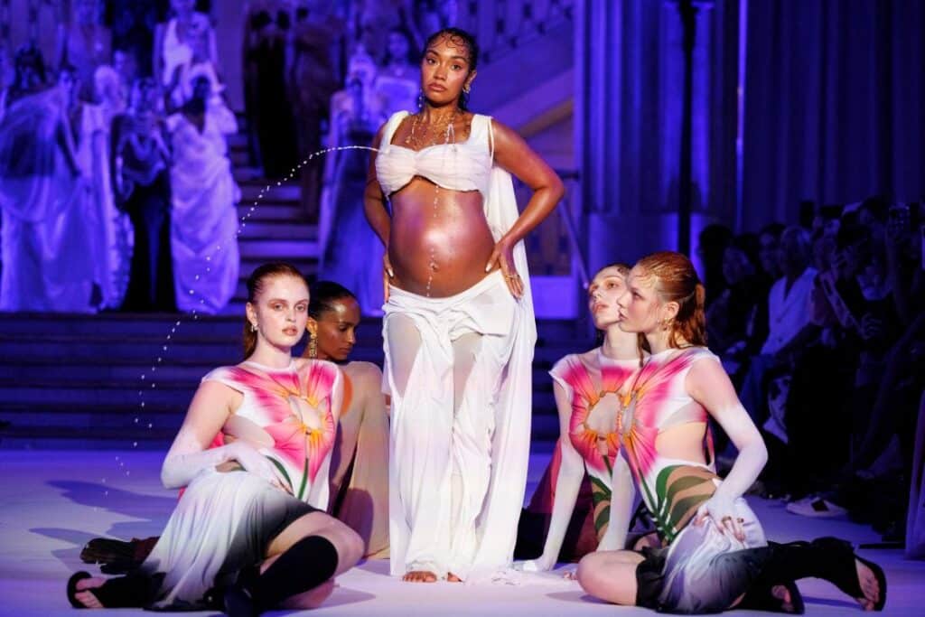 Pregnant Leigh-Anne Pinnock closes the Holy Milk show at London Fashion Week.