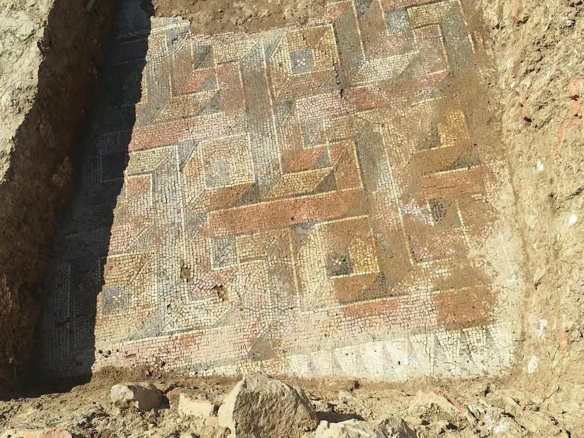 Fourth-century A.D. mosaic floors uncovered at Qesarat in southern Albania feature geometric patterns and human figures
