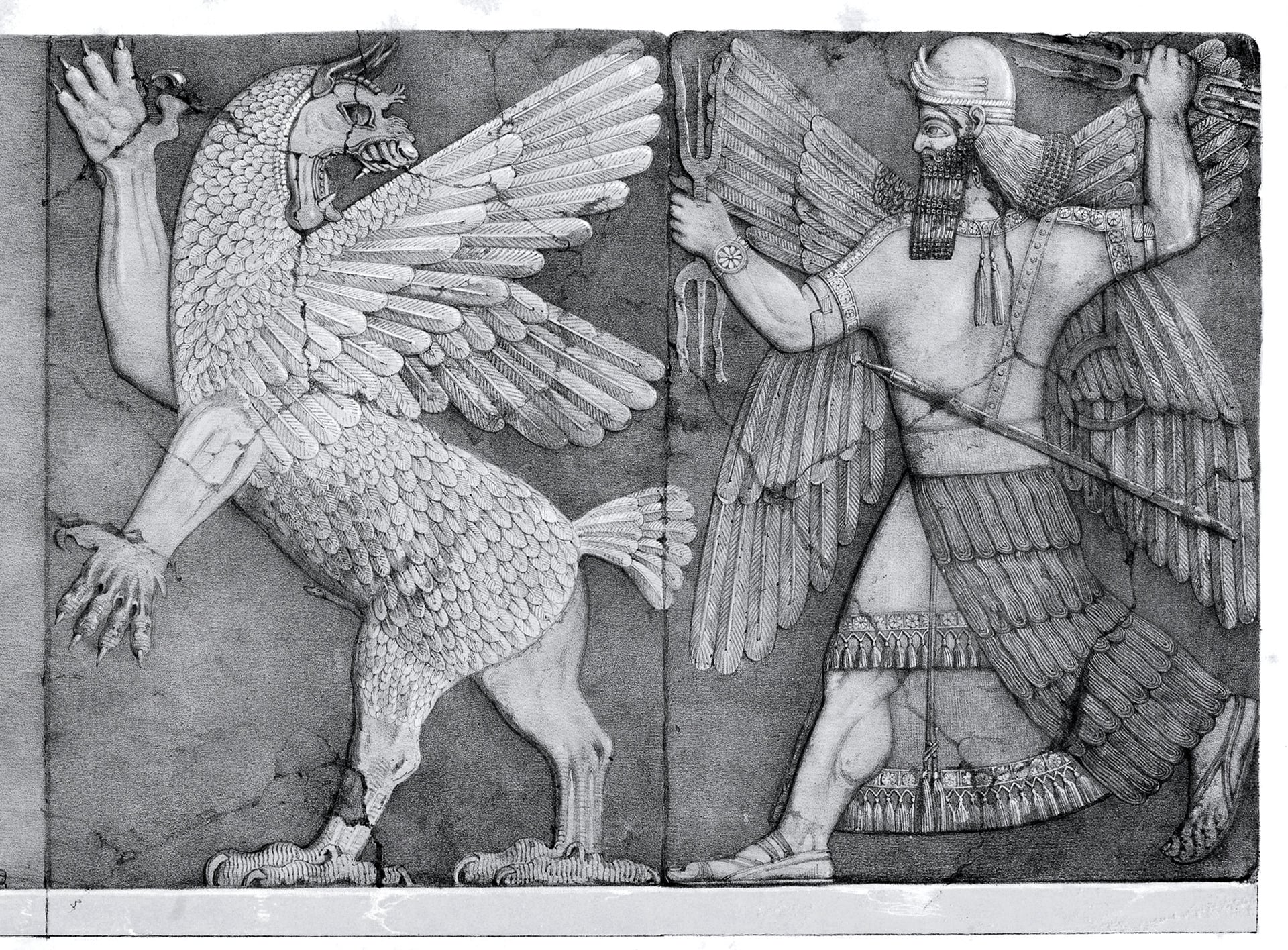 An illustration depicting the Babylonian god Marduk battling Tiāmtu