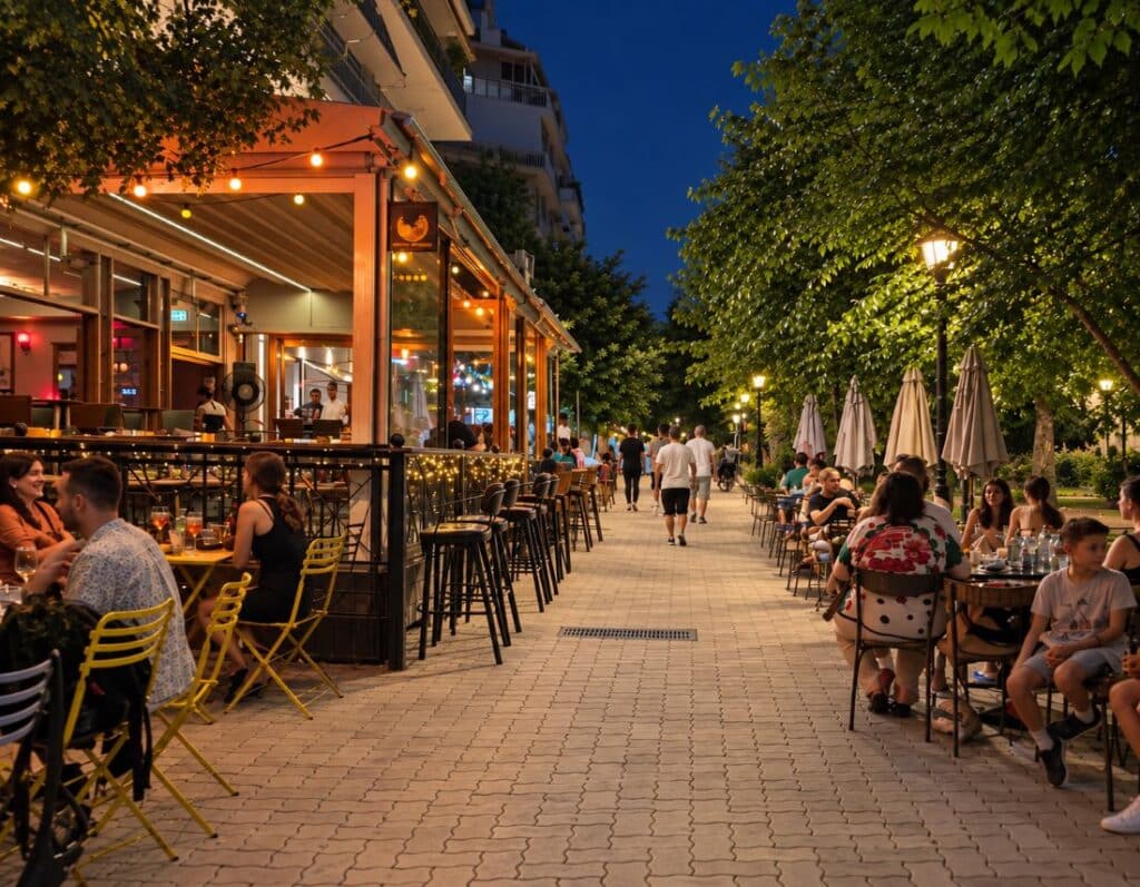 Neos Kosmos at night, where cafés, restaurants and lively streets reflect the neighborhood’s changing character in Athens.