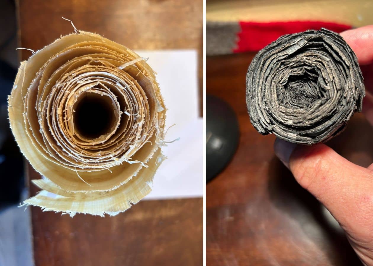 One of several papyrus scrolls before carbonization and after carbonization