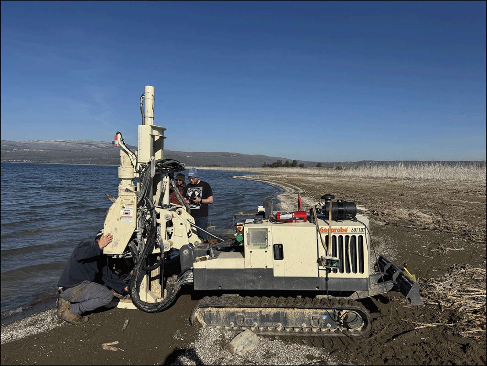 Researchers conduct geological coring along the shoreline as part of the SHIPs project