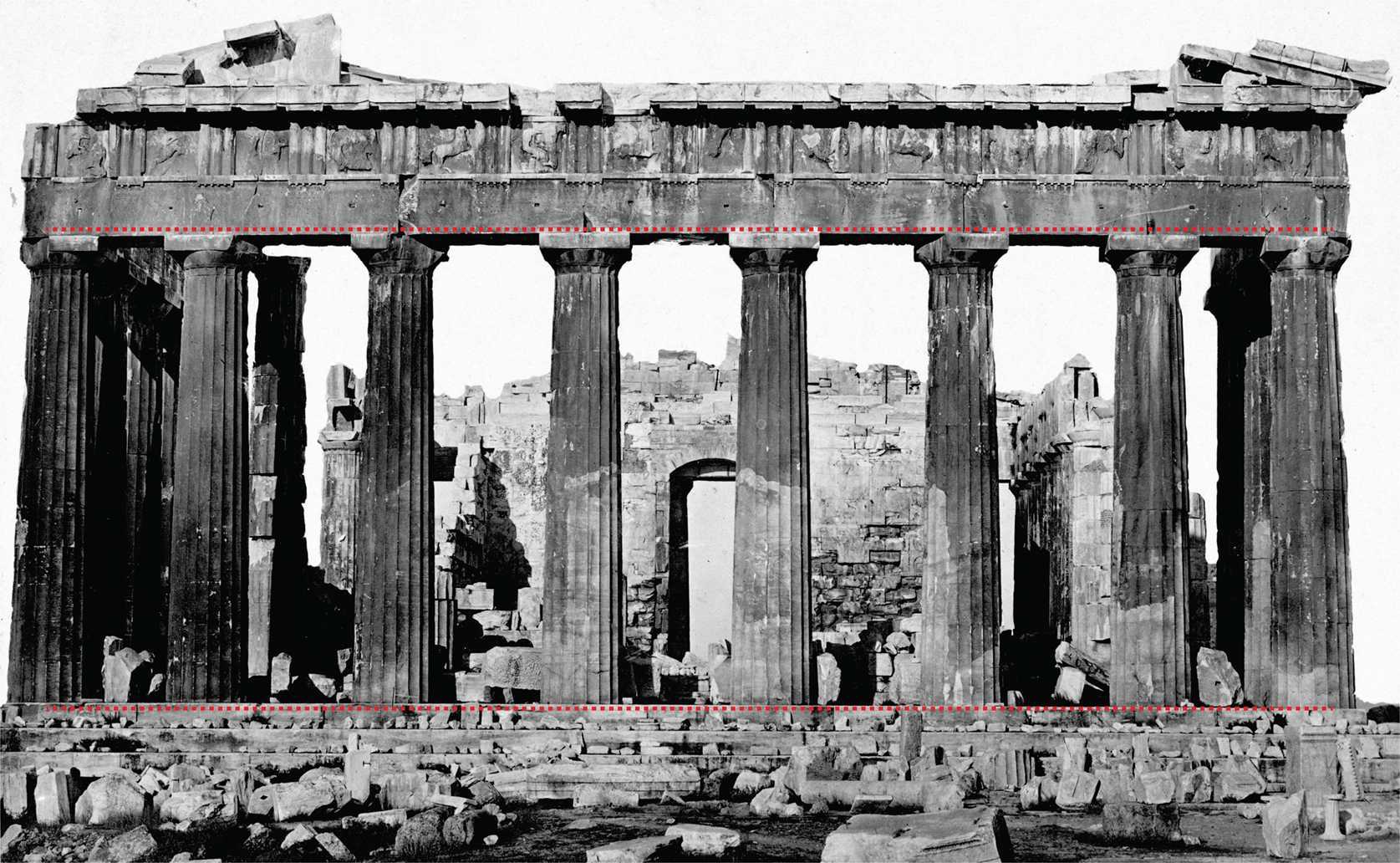 The east side of the Parthenon from a photograph taken between 1872 and 1875. The red lines are straight and horizontal showing that at this resolution and from this viewpoint, the small curvature of a horizontal element in real conditions may be difficult to perceive, with the caveat that photographs may also introduce distortions