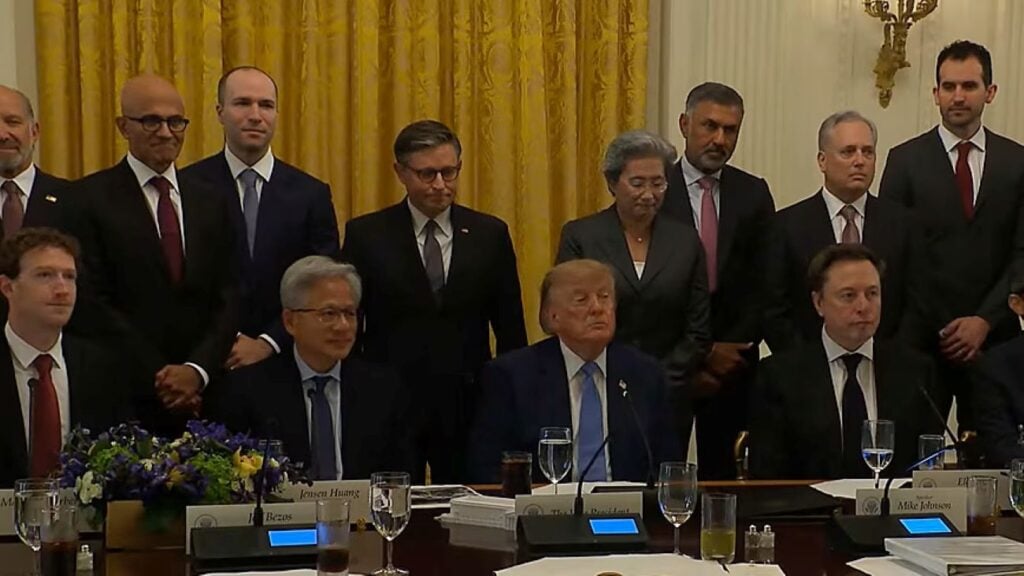US President Donald Trump meets with technology executives at the White House during a Super Intelligence luncheon.