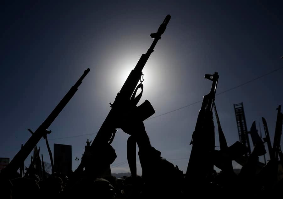 Houthi supporters hold up weapons during a protest against Saudi Arabia, in Sana'a, Yemen, 09 October 2026.