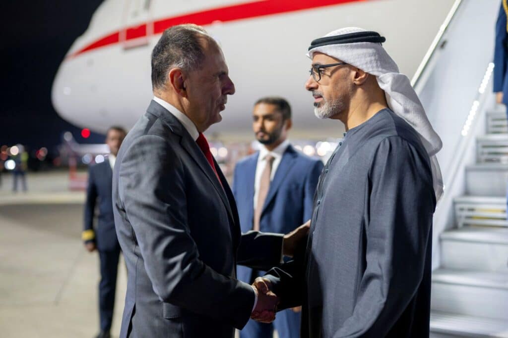 Abu Dhabi Crown Prince Sheikh Khaled bin Mohamed bin Zayed Al Nahyan is welcomed by Greek Foreign Minister George Gerapetritis upon his arrival in Athens for an official visit.