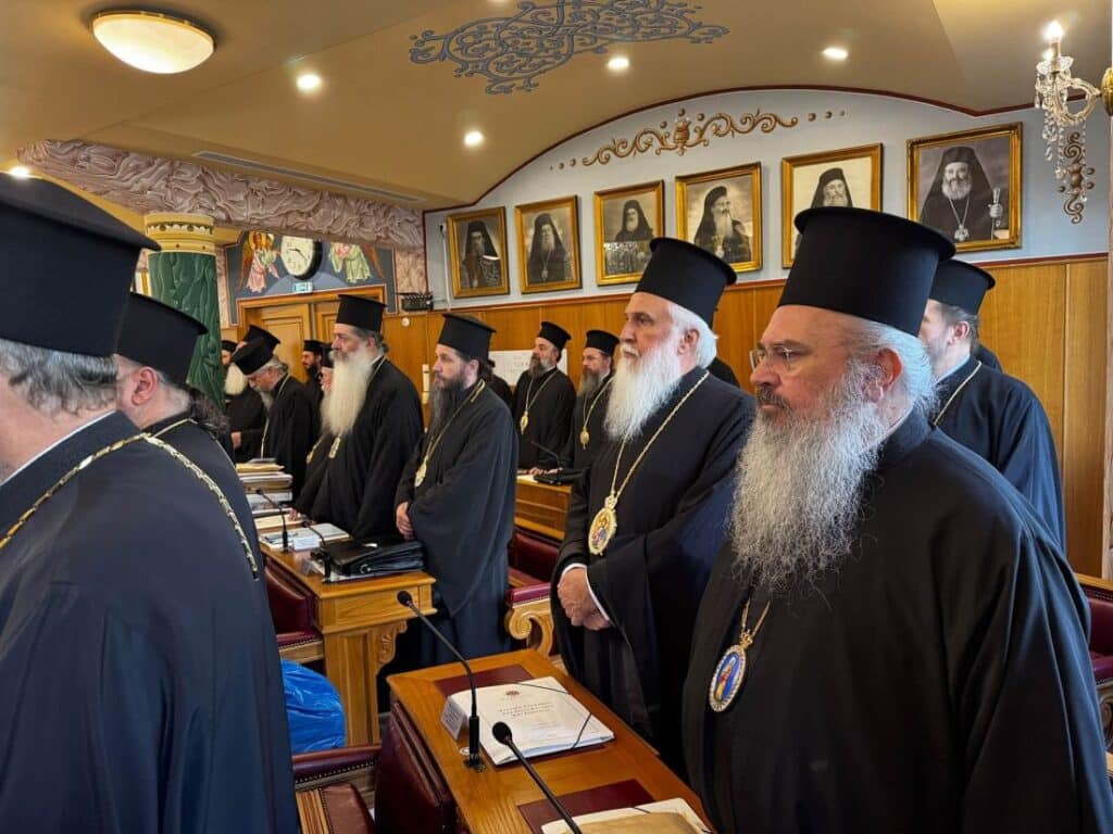 Clergy attend a session of the Holy Synod of the Church of Greece.