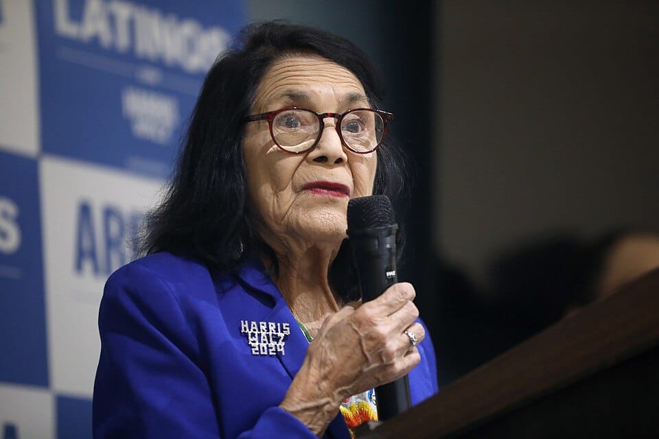 Dolores Huerta speaks at a campaign event in Phoenix, Arizona. The pioneering labor leader and civil rights activist helped improve conditions for farmworkers across the United States.