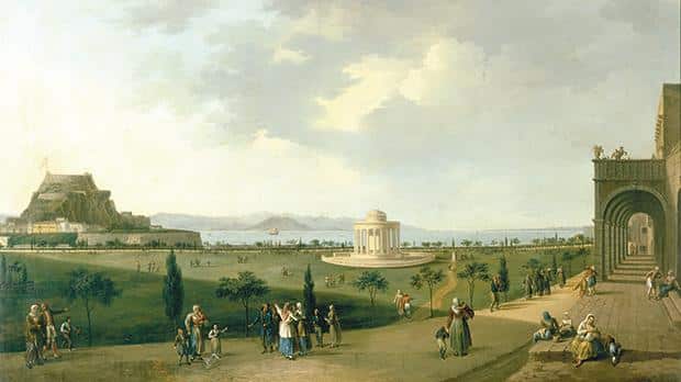 Giuseppe Schranz’s painting Corfu, The Spianada depicts the historic square in an earlier period, with the Old Fortress visible on the left and the landscape of Corfu’s waterfront extending into the distance.