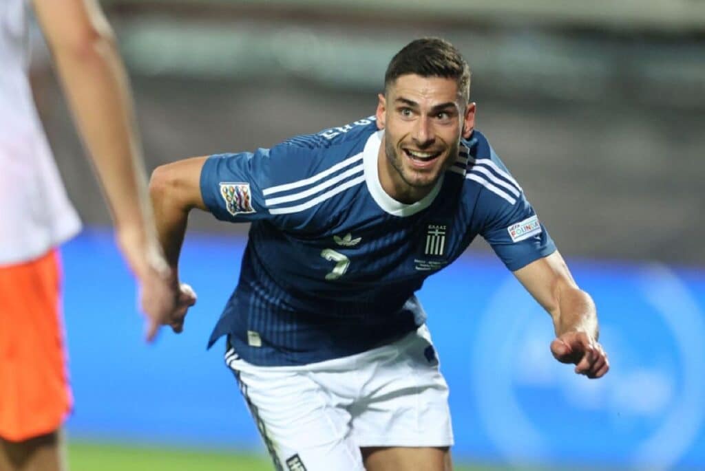 Fotis Ioannidis celebrates during Greece’s 2-2 draw with the Netherlands in the UEFA Nations League at Toumba Stadium on October 1, 2026