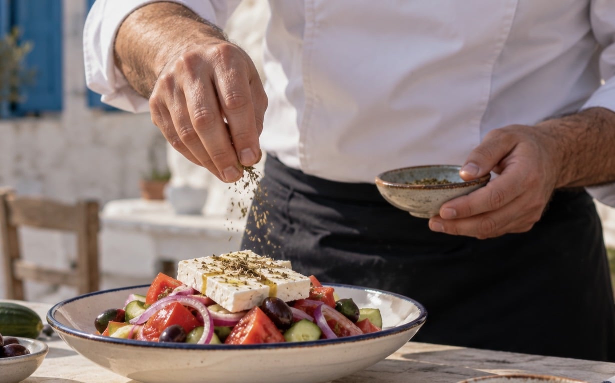 Greek chef prepares greek salad