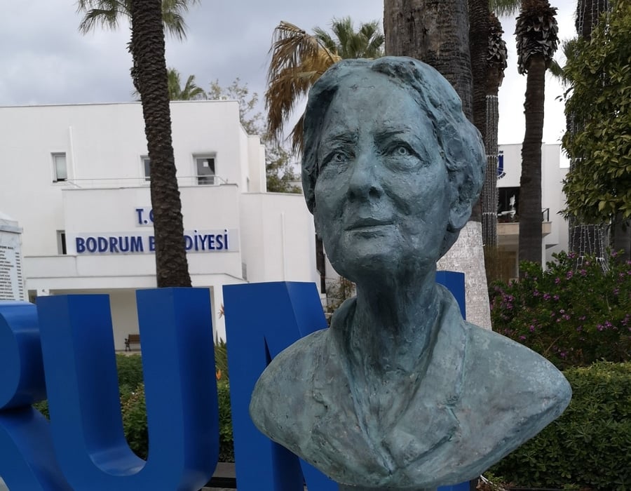 A bust of Greek philosopher Ioanna Kuçuradi outside Bodrum Municipality in Turkey.