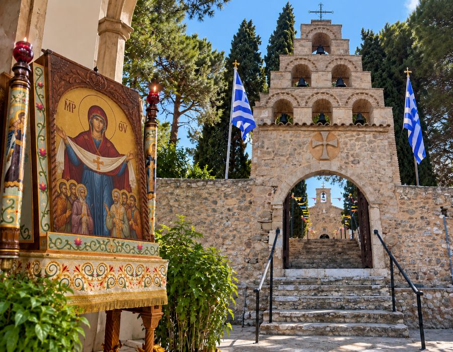 An icon of the Holy Protection of the Virgin Mary, a feast celebrated by the Church of Greece on October 28, alongside the national Oxi Day commemorations.