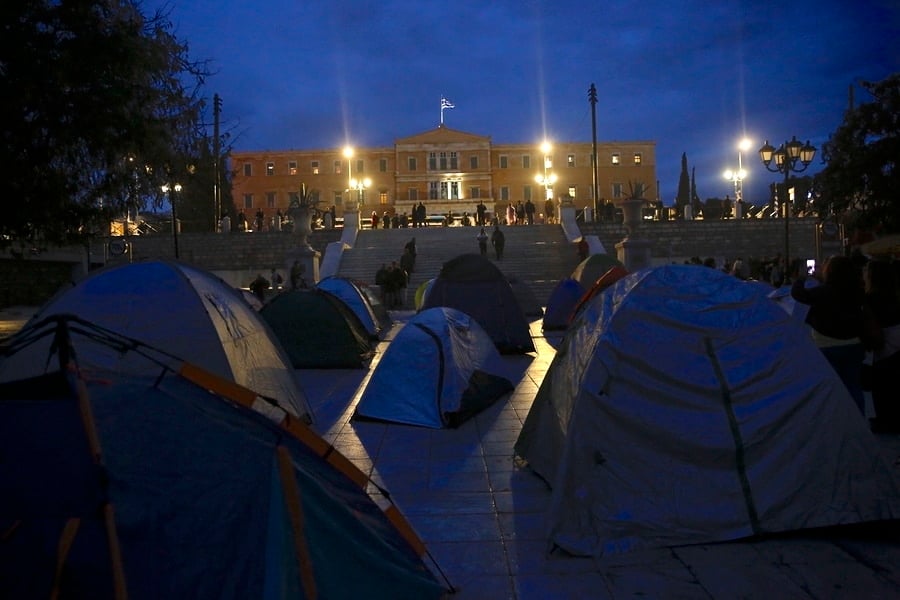 Members of student associations set up tents in Syntagma Square in Athens to protest rising education costs and the city's housing crisis, Tuesday, October 13, 2026. Credit: Yannis Kolesidis / ANA-MPA.