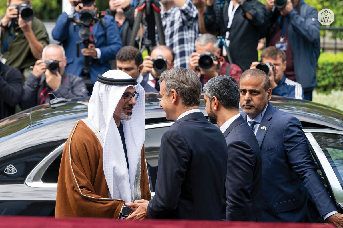 Greek Prime Minister Kyriakos Mitsotakis welcomes UAE Crown Prince Sheikh Mohamed bin Zayed Al Nahyan during his visit to Greece.