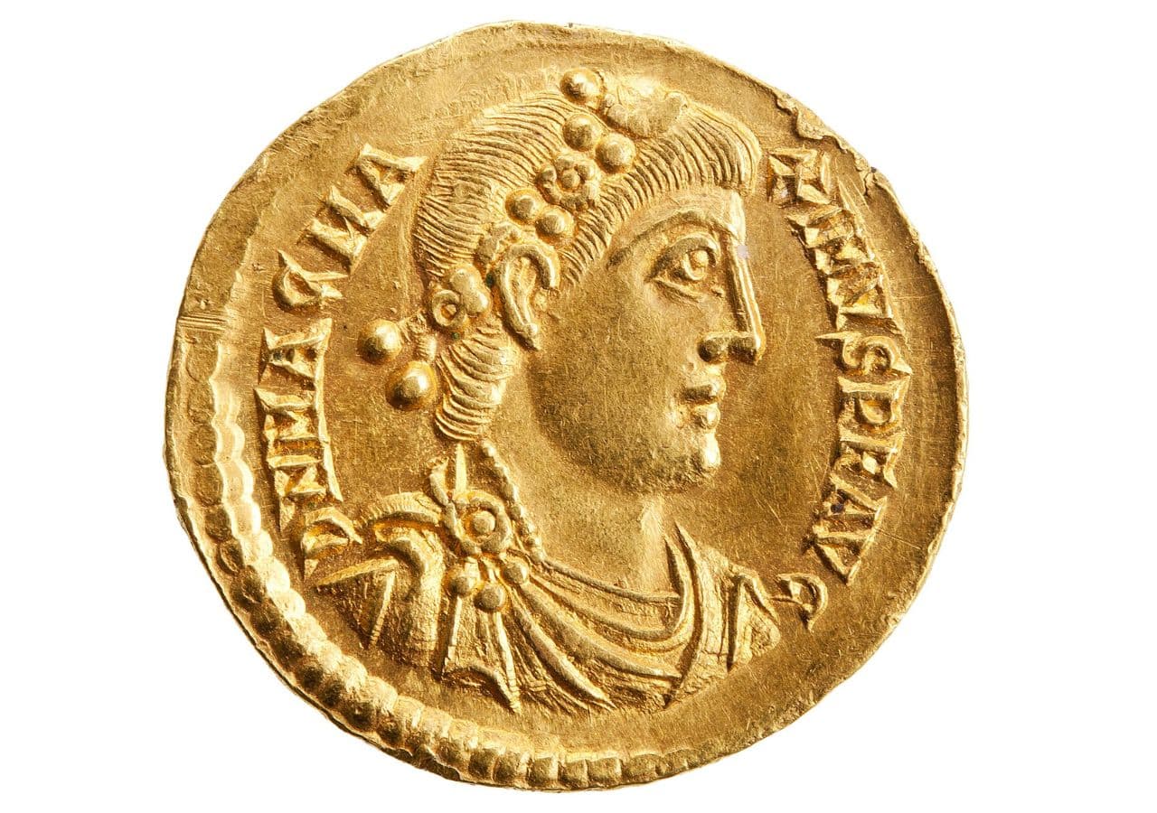 A gold coin bearing the image of Roman Emperor Magnus Maximus