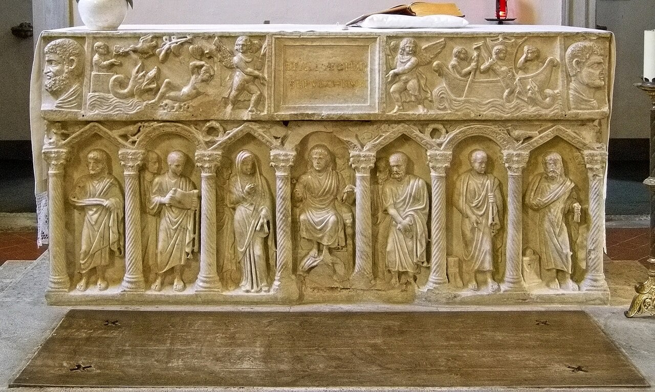 A Roman-era sarcophagus reused as an altar inside the Oratory of San Bernardino in Perugia, Italy
