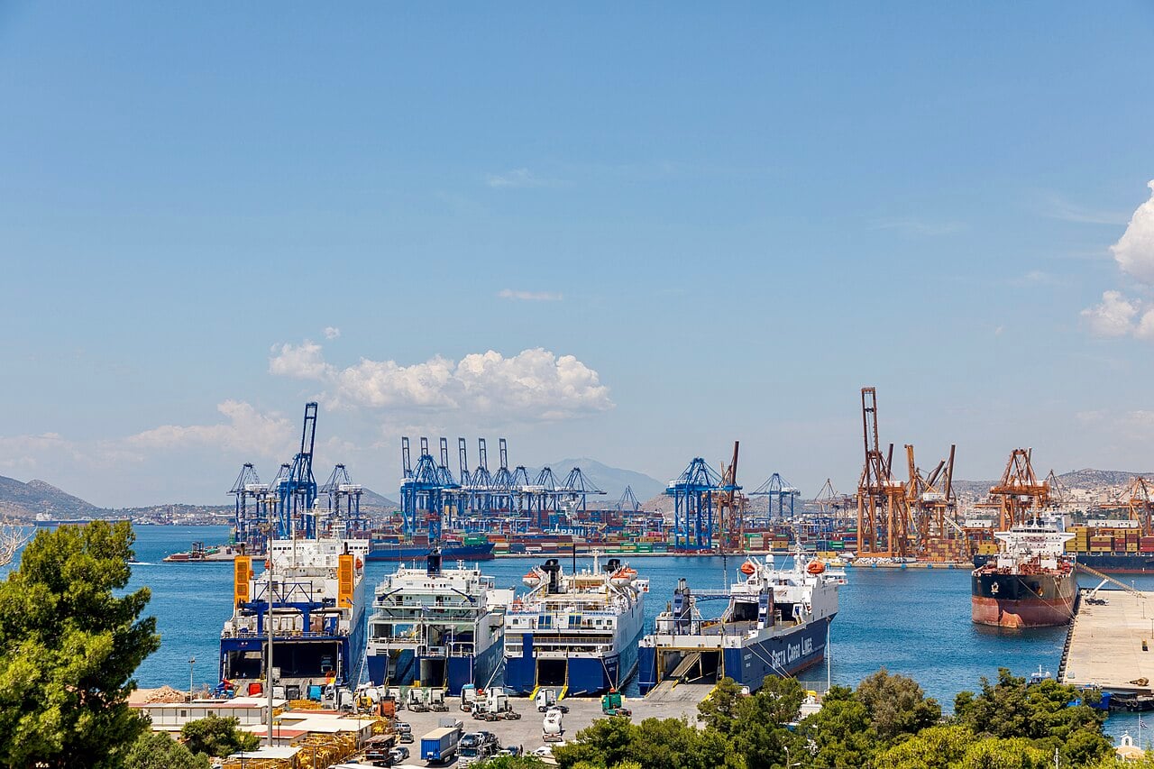 A view of the container port of Piraeus from the Keratsini hills in Greece