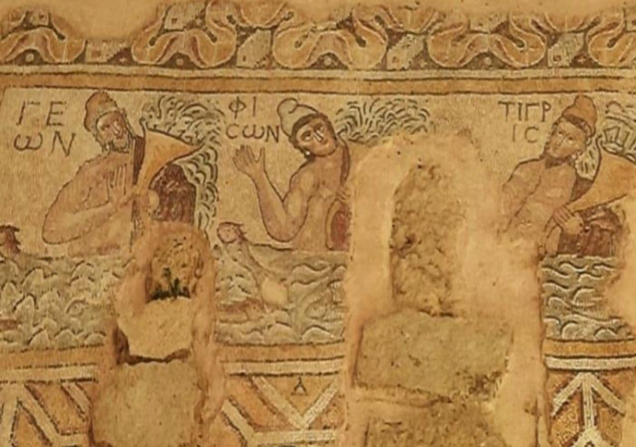 Ancient Byzantine mosaic in Hadrianoupolis, depicts the biblical Garden of Eden's rivers as human figures inspired by Greek art