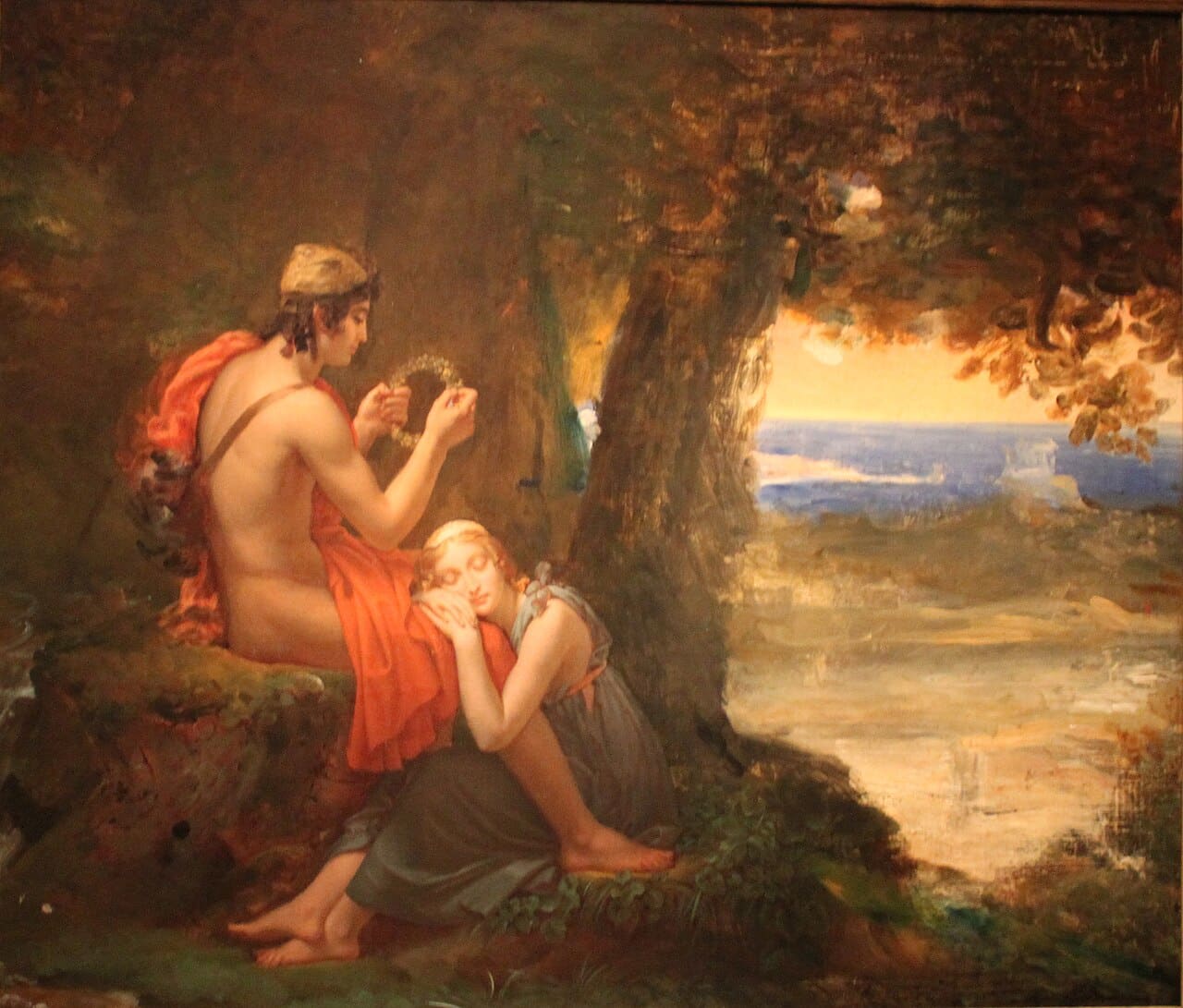 Daphnis and Chloe share a tender moment in an 1824 painting inspired by Longus' ancient Greek romance, which explores the emotional connection between lovers