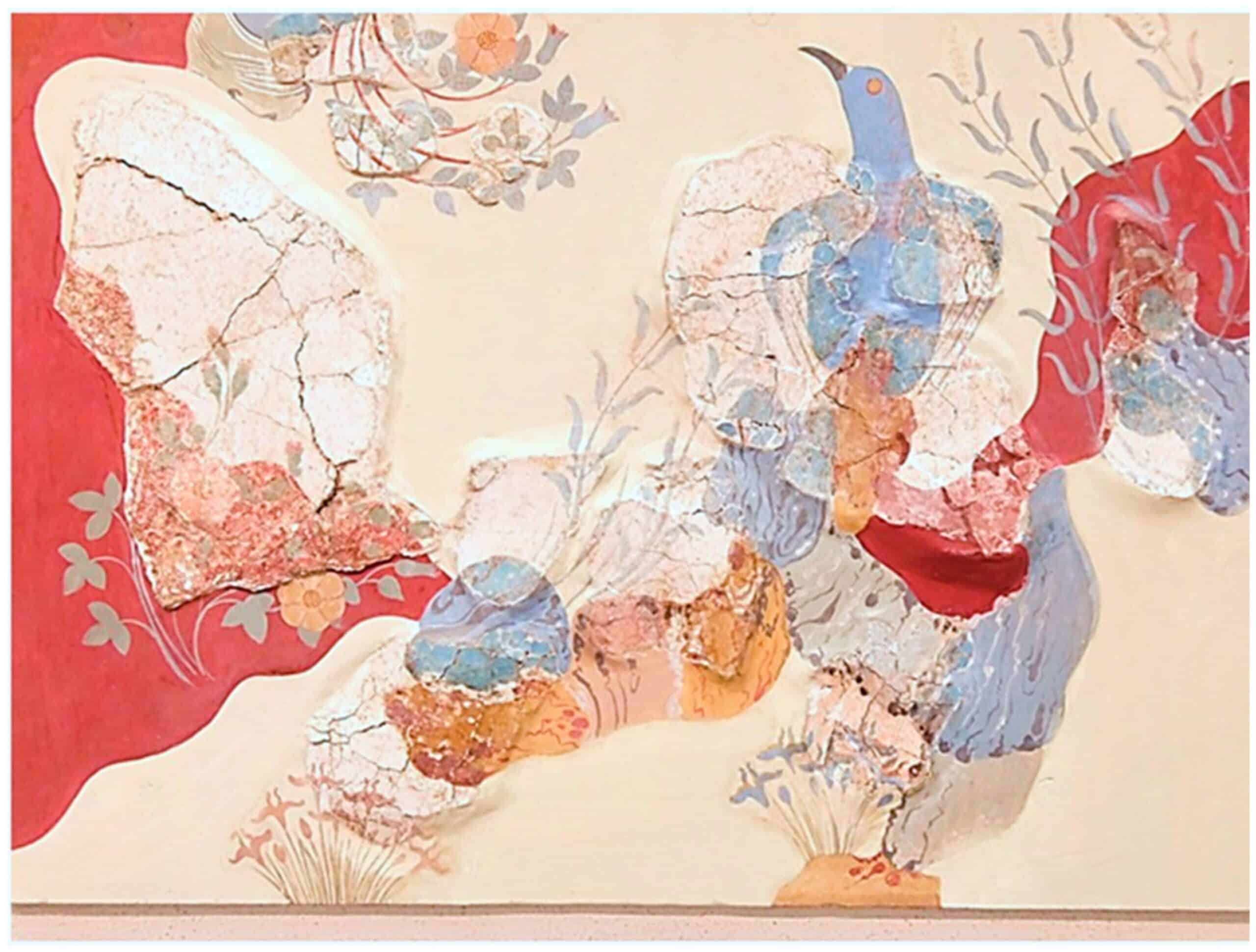 Fresco of a blue bird, with roses growing among rocks, from the palace of Knossos