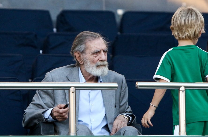 Former Panathinaikos FC owner George Vardinogiannis (left) is seen in the stands during the Greek Super League match between Panathinaikos and Levadiakos at the Olympic Stadium (OAKA) in Athens, Greece, on Sunday, September 23, 2018. Panathinaikos won 3-0. Credit: Georgia Panagopoulou/ANA-MPA.