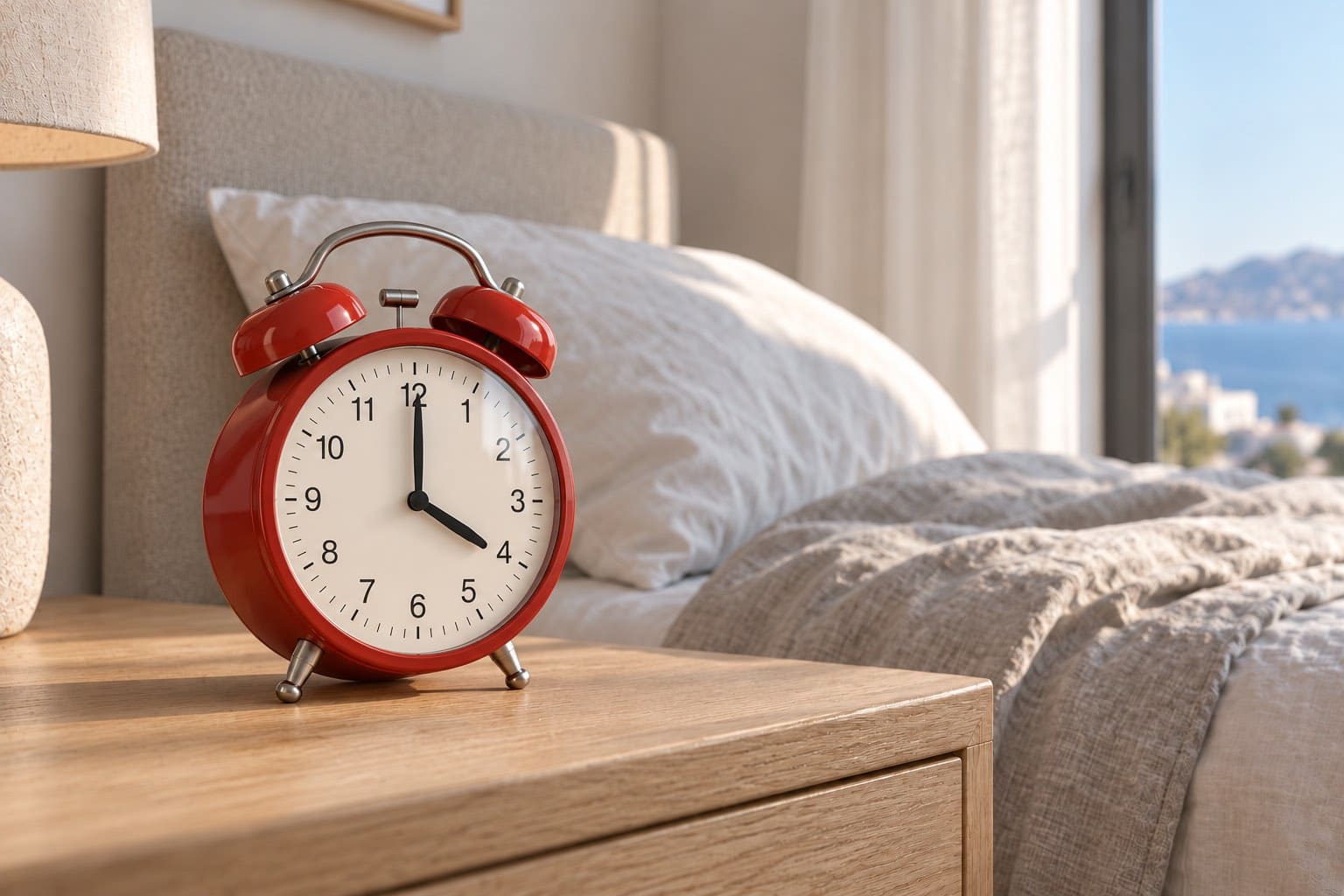 clock next to a bed
