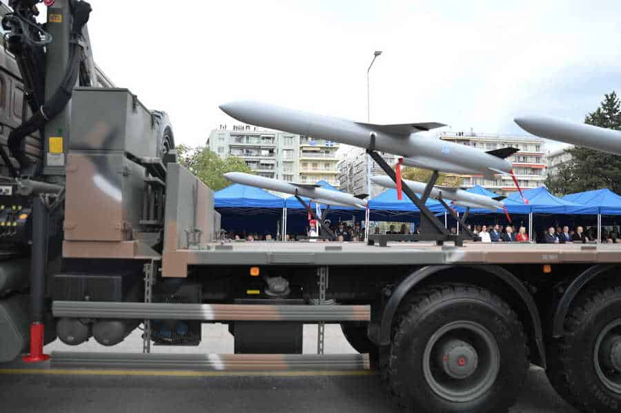 A Greek military vehicle carrying missile systems takes part in the OXI Day military parade in Thessaloniki, Greece, on October 28, 2026, commemorating Greece’s rejection of the Italian ultimatum in 1940. Photo: Hellenic Ministry of National Defense via ANA-MPA.