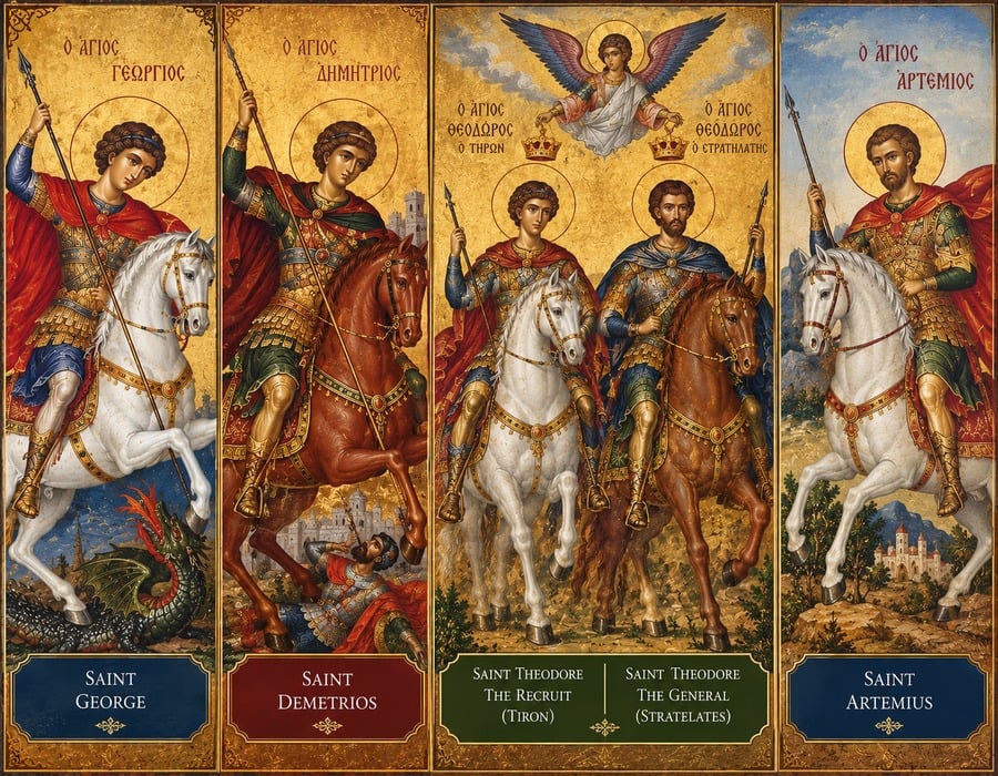 Horse-riding saints in Orthodox Christian art, from Saint George and Saint Demetrios to Saints Theodore and Artemius. These striking depictions reveal a fascinating tradition of faith, courage, and symbolism across centuries of religious art.