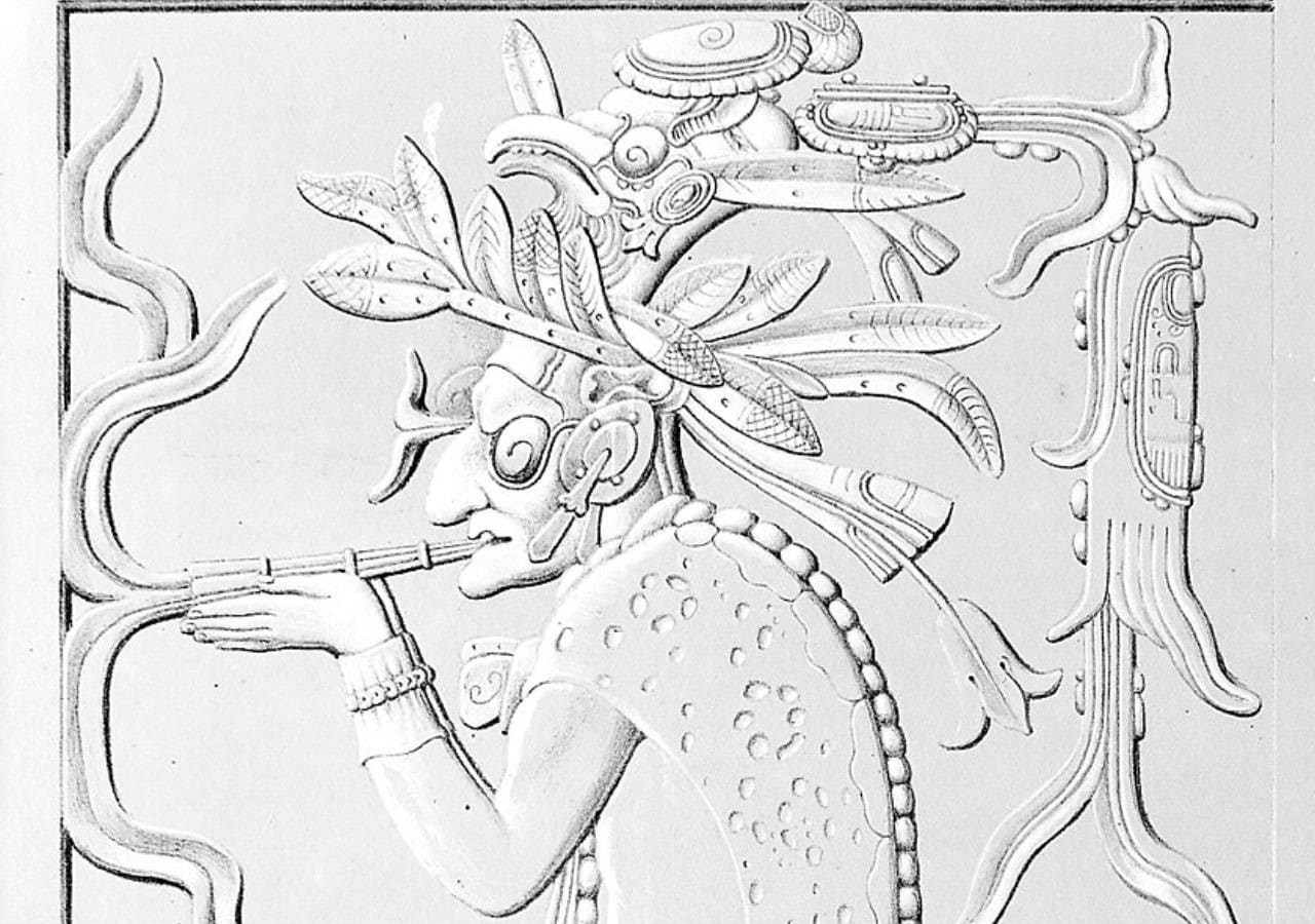 Maya smoking figure, reproduced from a relief associated with Palenque, Mexico