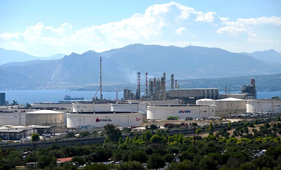 Motor Oil refinery in Agioi Theodoroi, Greece, showing industrial towers and pipelines following reports of an explosion on October 9, 2026.