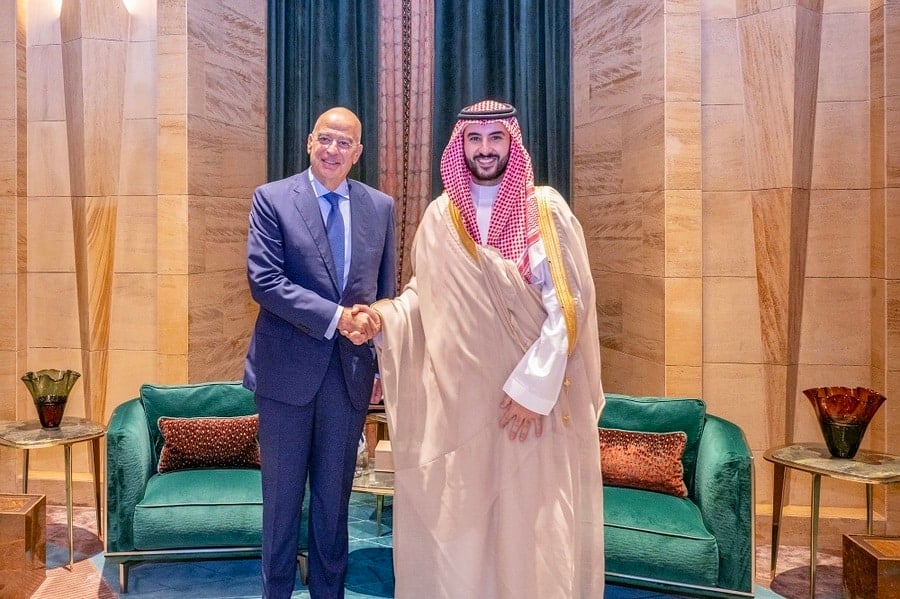 Greek Defense Minister Nikos Dendias (left) shakes hands with Saudi Crown Prince Mohammed bin Salman Al Saud during their meeting in Riyadh, Saudi Arabia, on Thursday, October 15, 2026. Their talks focused on strategic cooperation between Greece and Saudi Arabia, regional security and challenges to stability in the wider region. Photo: Evangelos Karaiskos/Greek Ministry of National Defense/ANA-MPA