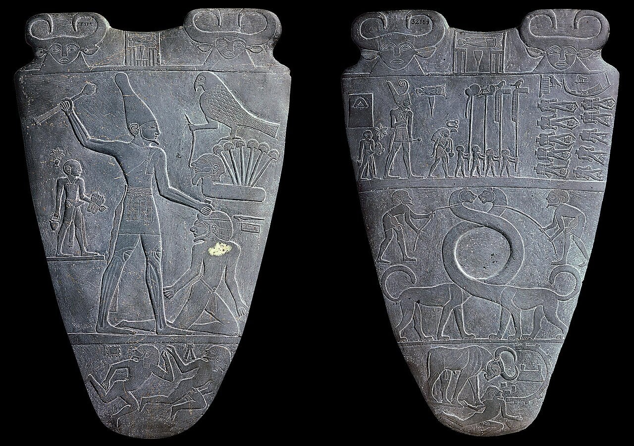The Narmer Palette shows an early Egyptian ruler raising a mace against an enemy. Researchers say the injury pattern found at Abydos does not match the depressed fractures expected from such a weapon