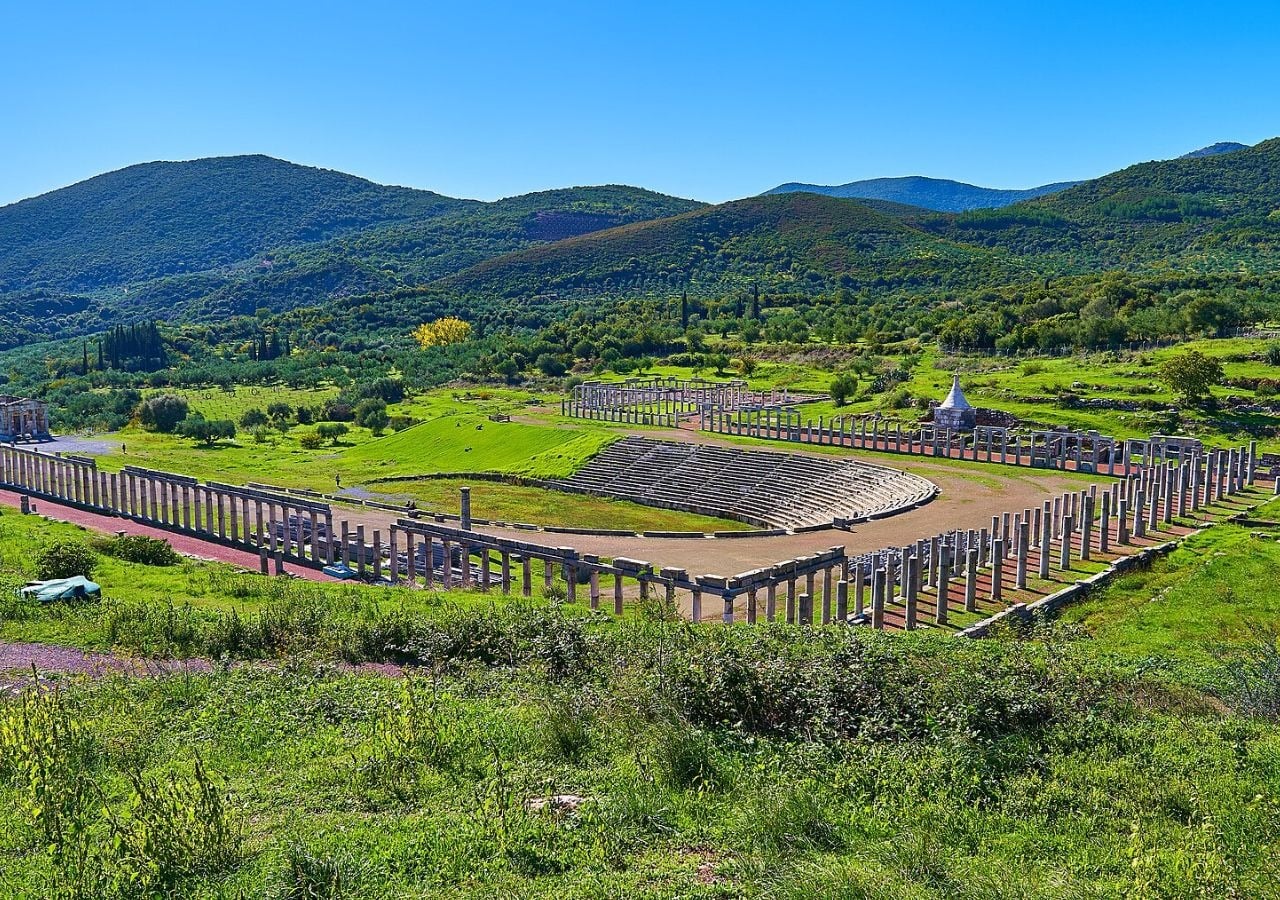 The remains of the stadium, gymnasium, and palaestra at ancient Messene