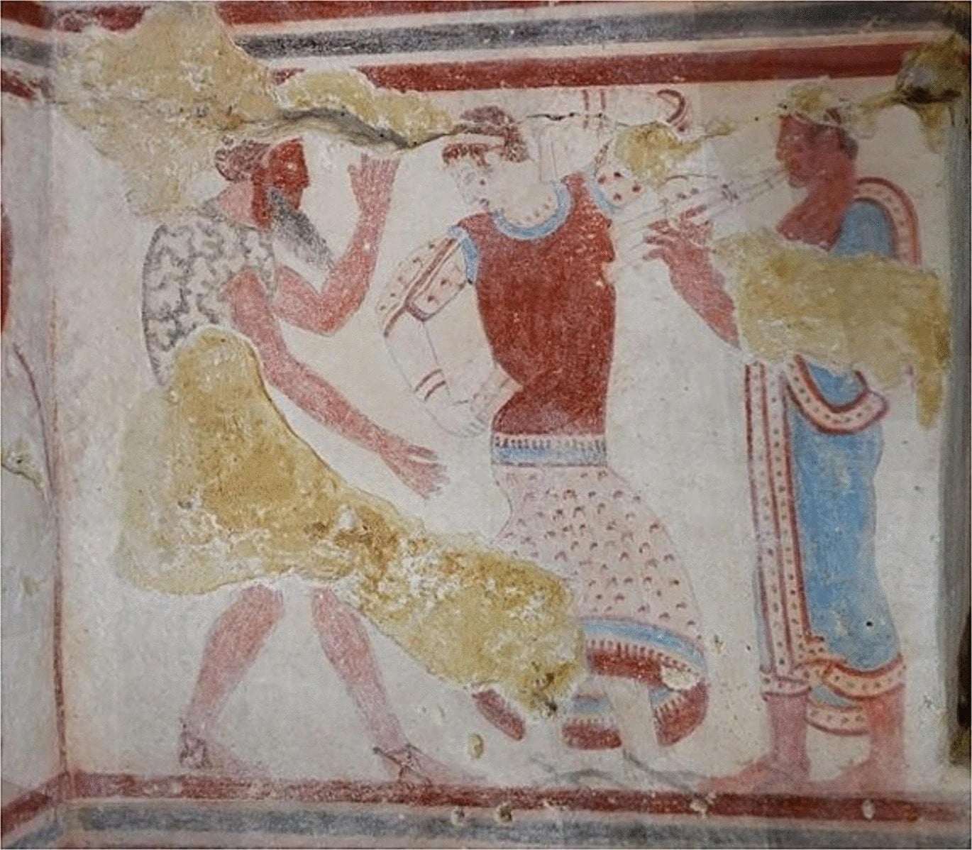 Tomb painting in the Tomba del Gallo with a female and male masked dancer and male players